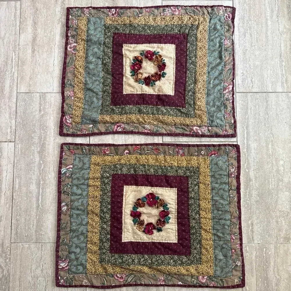 Vintage Quilted Pillow Shams Set of 2 Country Cottage Core Floral Patchwork